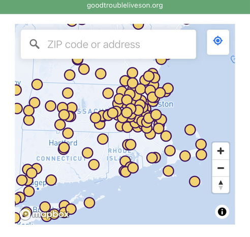 Map showing locations of the “Good Trouble Lives On” protests to be held in Massachusetts on Thursday, July 17th, 2025.