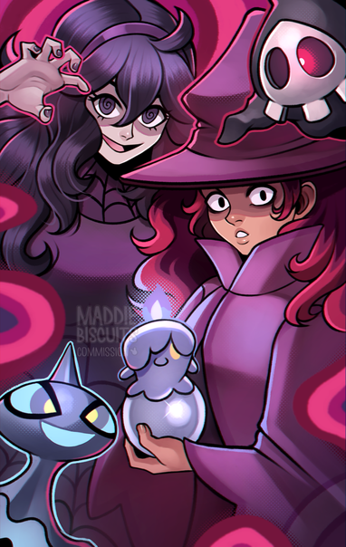 Pokemon fan art featuring the Generation 3 and General 6 Hex Girl trainer designs, surrounded by spooky pink and red smoke, with a shuppet, litwick and duskull in the frame