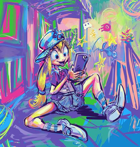 stylized image of a young woman with blonde hair wearing a large sideways hat sitting somewhat haphazardly on the ground while fiddling with a mobile telephone computer device that has several curious symbols jumping out from it in front of garishly colored vague scenery