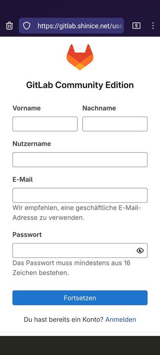 Registration to a Gitlab self hosted project. No registration with Github or Gitlab