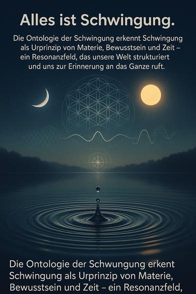 Ein einzelner Tropfen fallt in einen stillen, dunklen See und erzeugt konzentrische Wellen - Symbol für eine Quelle, die Energie über Resonanz entfaltet.
Darüber spannt sich ein kosmisches Feld aus: die Blume des Lebens, Schwingungswellen, Sonne und Mond - Sinnbilder für Struktur, Rhythmus und Polaritat.
Die Szene verkörpert die Formel E = S x S_max?:
Energie entsteht, wenn eine Grundschwingung (S) mit ihrer maximal möglichen Resonanz (S_max) interagiert und sich potenziert. Das Bild zeigt so das zentrale Prinzip der Ontologie der Schwingung: Alles ist Schwingung - aber ihre Wirkung hängt von ihrer Resonanzfähigkeit ab.
© Image Description (English)
A single droplet falls into a still, dark lake, creating concentric waves - a symbol of how energy radiates through resonance. Above this, a cosmic field unfolds: the Flower of Life, waveforms, the Sun and Moon - representing structure, rhythm, and polarity.
The scene reflects the formula E = S x S_max?:
energy arises when a fundamental vibration (S)
interacts with and is amplified by its maximum resonance potential (S_max). The image thus captures the core of the Ontology of Vibration:
Everything is vibration - but its power depends on how deeply it resonates.🖖