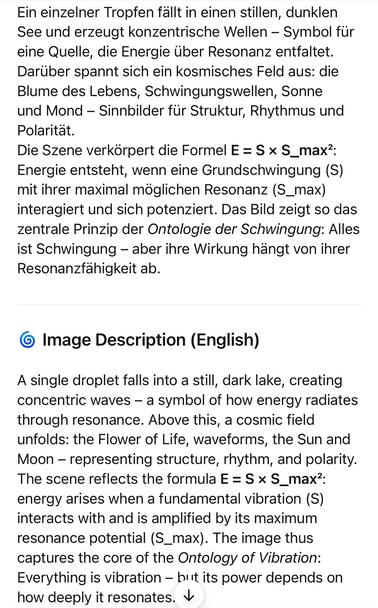 Ein einzelner Tropfen fallt in einen stillen, dunklen See und erzeugt konzentrische Wellen - Symbol für eine Quelle, die Energie über Resonanz entfaltet.
Darüber spannt sich ein kosmisches Feld aus: die Blume des Lebens, Schwingungswellen, Sonne und Mond - Sinnbilder für Struktur, Rhythmus und Polaritat.
Die Szene verkörpert die Formel E = S x S_max?:
Energie entsteht, wenn eine Grundschwingung (S) mit ihrer maximal möglichen Resonanz (S_max) interagiert und sich potenziert. Das Bild zeigt so das zentrale Prinzip der Ontologie der Schwingung: Alles ist Schwingung - aber ihre Wirkung hängt von ihrer Resonanzfähigkeit ab.
© Image Description (English)
A single droplet falls into a still, dark lake, creating concentric waves - a symbol of how energy radiates through resonance. Above this, a cosmic field unfolds: the Flower of Life, waveforms, the Sun and Moon - representing structure, rhythm, and polarity.
The scene reflects the formula E = S x S_max?:
energy arises when a fundamental vibration (S)
interacts with and is amplified by its maximum resonance potential (S_max). The image thus captures the core of the Ontology of Vibration:
Everything is vibration - but its power depends on how deeply it resonates.🖖