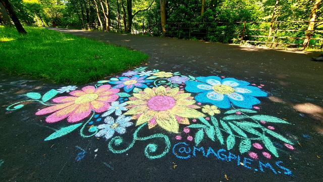Brightly coloured flowers drawn in chalk at the junction between two paths in a Glasgow Park.