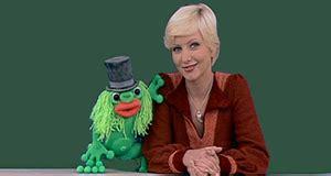 Plumpaquatdch, eine grüne froschähnliche puppe mit blonder Moderatorin