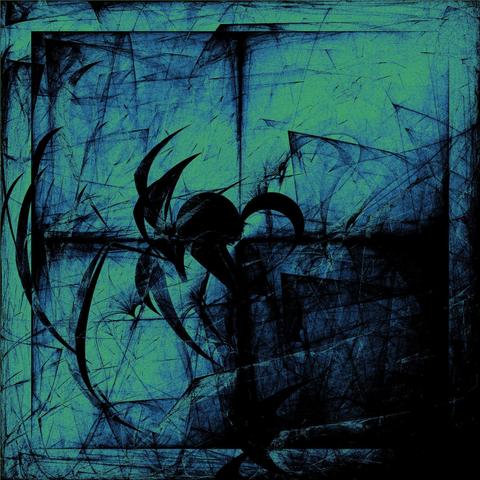 abstract artwork in a palette in blue, green and black. the image is from the "menacing hearts" series and has the usual motif of a heart in the centre, this time hollowed out and black, with a box and crosshairs surrounding it as if seen through a hunter's sight. the image is pale in the centre but fades into darkness in the lower right. it has hints of the tentacle/vine patterns that appeared in later parts of the series, but this time they look more like claws digging into the heart. as always, it is traditional generative art; made by a human, implemented in R and C++