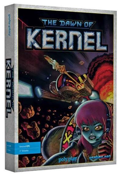 Box of The Dawn of the Kernel. A spaceship is flying from a large explsion. Meteors are in the background. A blue-skinned woman seems to pilot another ship.