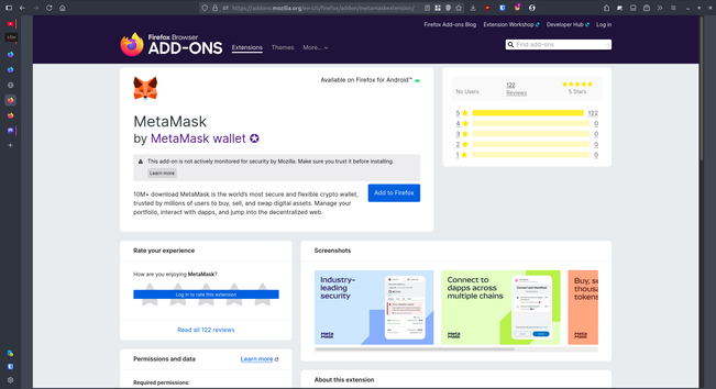 A screenshot of the fraudulent MetaMask extension on the Firefox Addons website pretending to be the real one.