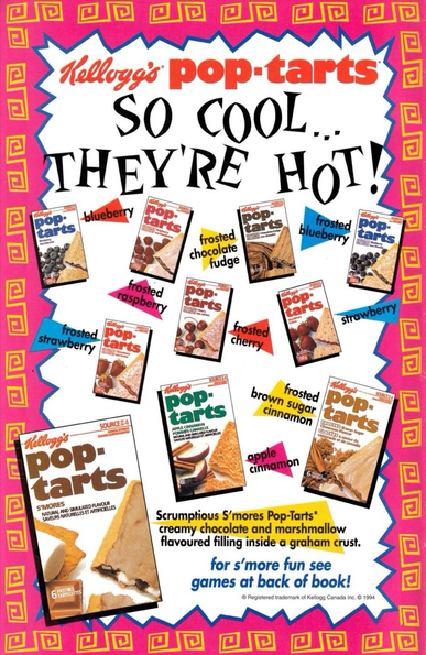 A variety of packs of pop tarts are displayed. You see such flavors as blueberry, frosted raspberry, strawberry, frosted brown sugar, cinnamon, and more.