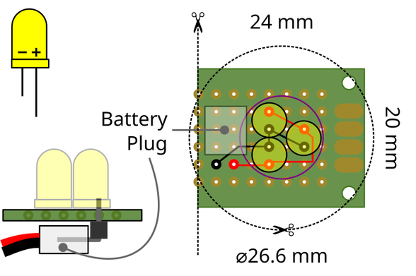 A vector drawing of a small 24×20 mm prototype board segment with three LEDs and pins for the battery.
