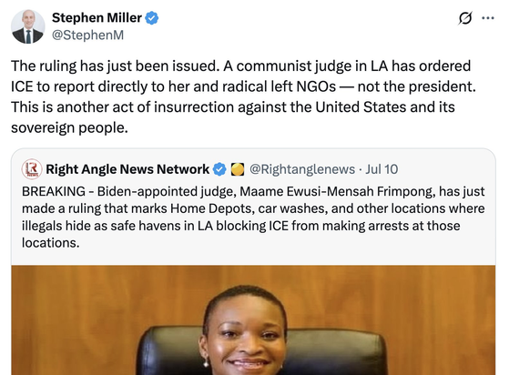 A tweet from Stephen Miller discussing a recent ruling by a judge in Los Angeles regarding ICE reporting and its implications. Below the tweet, there is a post from the Right Angle News Network mentioning details about the judge and her ruling about certain locations being safe…