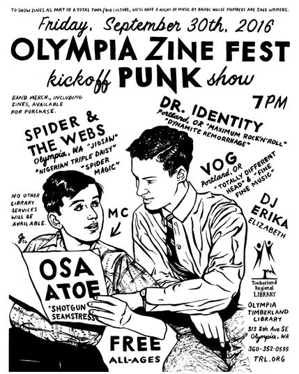 A black-and-white poster advertising the Olympia Zine Fest kickoff punk show on September 30, 2016. It features illustrations of two young men with one holding a sign that reads "Osa Atoe." The event includes performances by bands