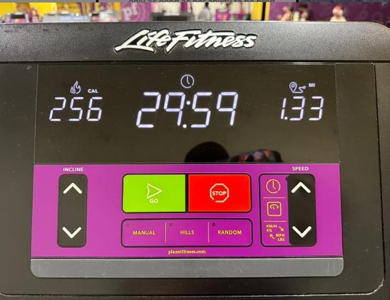 The stats of my treadmill walk showing I burned 256 calories, walked for 29 minutes 59 seconds and a distance of 1.33 miles