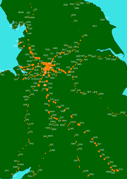 A map of mostly North West England showing the number of trains per day calling at stations in and out of London Bridge. The land is in dark-green, sea in light blue and the stations are labeled in white with their CRS code and quite small, as there are only about eight services a day. A bunch of stations are missing as services run from Scotland and South West England but won't fit on the map..