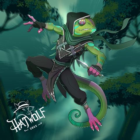 A dynamic illustration of an anthropomorphic chameleon dressed as a rogue or ninja, mid-leap in a dramatic pose. The chameleon has vivid green skin with pink fingers and toes, and wears a dark hooded outfit with belts, straps, and daggers. Glowing teal marking run along arms, tail and face. The background is a stylized forest canopy lit with greenish-blue tones, adding a sense of motion and mystery. The character’s expression is alert and focused, as if ready to strike. The artist's signature, "Hatwolf 2025," appears in the lower left corner.