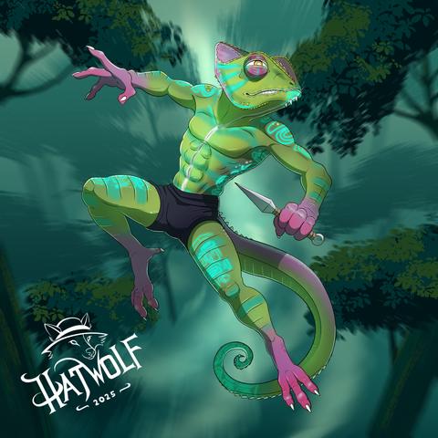 A dynamic illustration of an anthropomorphic chameleon, mid-leap in a dramatic pose. The chameleon has vivid green skin with pink fingers and toes, and wears nothing but dark underwear. Glowing teal marking run along arms, legs, tail and face. The background is a stylized forest canopy lit with greenish-blue tones, adding a sense of motion and mystery. The character’s expression is alert and focused, as if ready to strike. The artist's signature, "Hatwolf 2025," appears in the lower left corner.