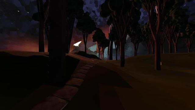 A screenshot of the the gam. We stand on a garden path of single rock slabs, looking out of a glass dome full of trees, into space and onto a broken planet being fixed. The mood is calm, with sunset lighting.