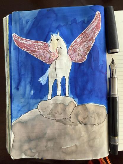 Sketch in sketchbook of Pegasus, a horse with wings. He's proudly standing on a rock formation, unsaddled