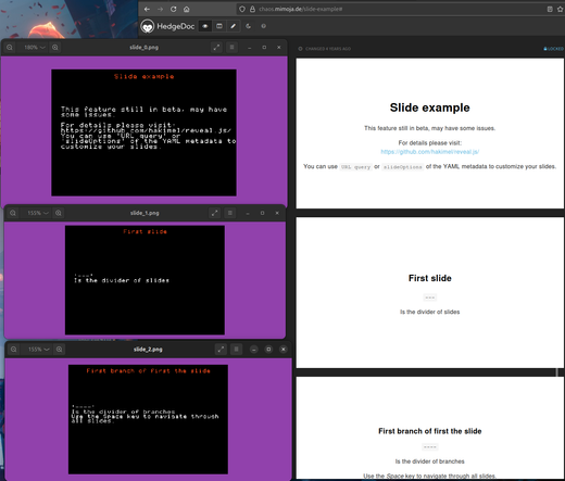 A screenshot showing the hedgedoc slide examples on the right and the rendered view of an Apple ][ (read Apple two) showing the same slide (with the expected limitations of using a 7x8 pixel font