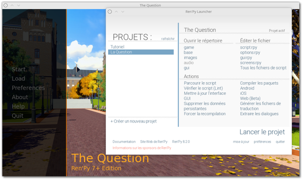 🕶️ A view of its UI, very neat, complete and translated (here in French), with the example game supplied with the interface in the background.

📚️ Ren’Py is a libre, multi-platform and mature (used by thousands of games) Visual Novel reader / engine allowing to play and design games and interactive fictions / story, linking texts, images, sounds and animations in Ren'Py format. Its easy-to-assimilate scripting language allows the writing of elaborate novels, and the use of Python language allows designing more complex games. Its catalog includes mainly Visual Novels, but it is also used in some RPGs