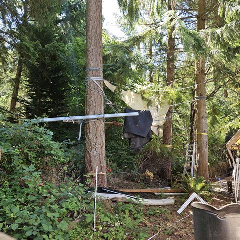 A rope and slings tied to trees about 14 feet up, supporting various items at lower levels. a 20 foot section of metal pipe, a 10 foot strut peice, chains, pipe wrenches, a sail, a trampoline cover. there is more metal and wood on the ground for integrating into the mass. I am using best practices available to preserve the trees and not put too much metal in them, and keeping them not rigidly joined at any locatuon.