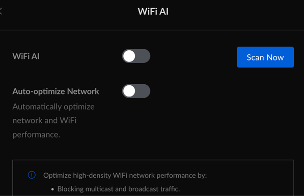 The options WiFi AI and Auto-optimize Network' in the Unifi Controller settings.