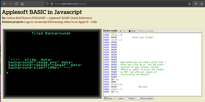 An appleSoft BASIC emulator showing a slideshow created from Markdown