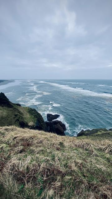 A coastal landscape featuring grassy cliffs overlooking a turbulent ocean, with waves crashing against rocks. The sky is overcast, adding to the dramatic atmosphere.