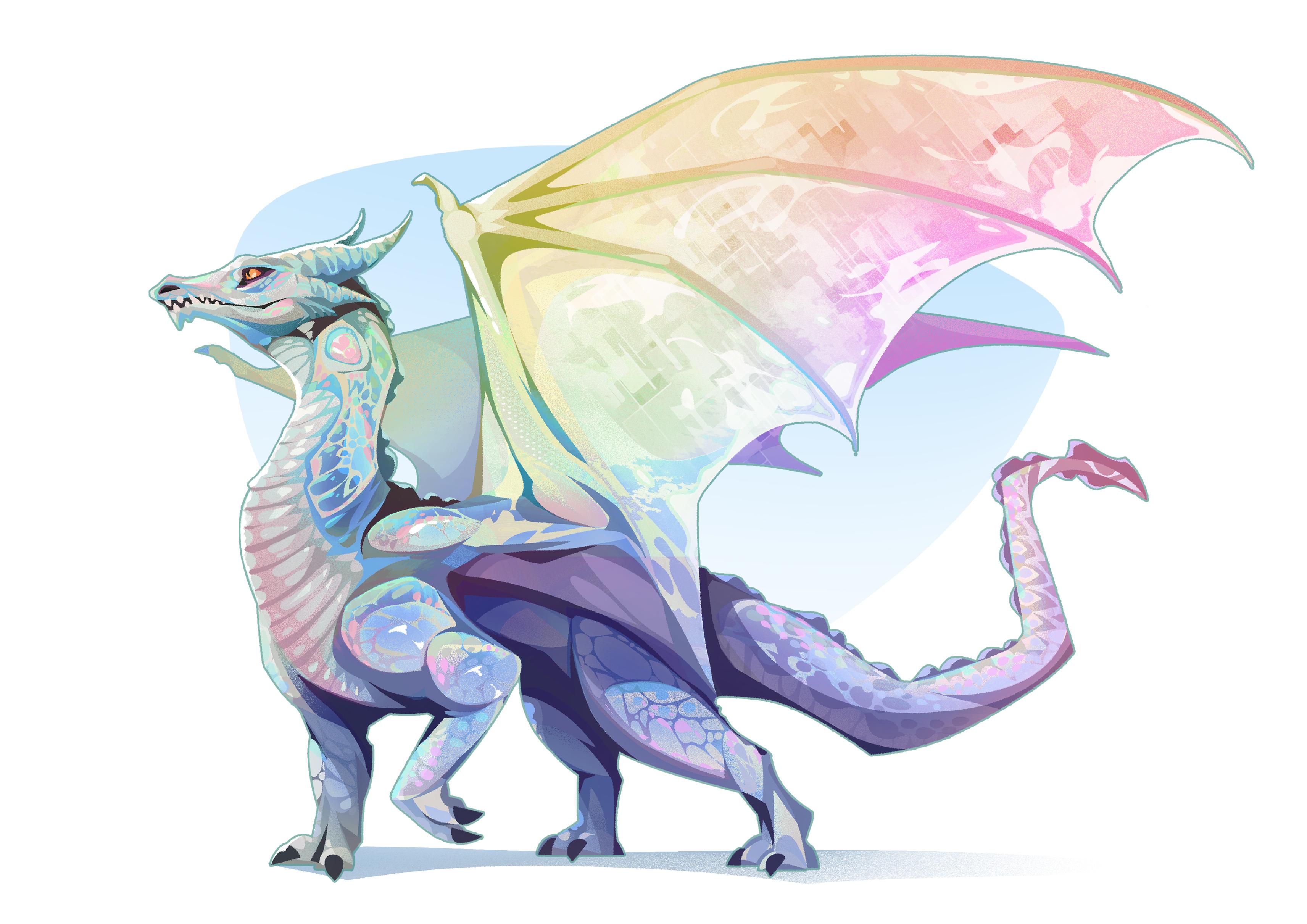 A dragon with prismatic/rainbow colouring across its body