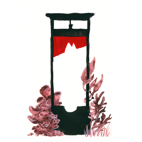 A guillotine in black gouache with a bright red blade. There's a cut out in the shape of a fish head. Kelp and coral grows around its base.