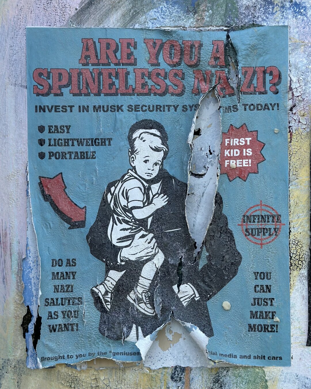 Illustration of Elon Musk holding one of his young children. “Are you a spineless Nazi? Invest in Musk security systems today. Easy, lightweight, portable”