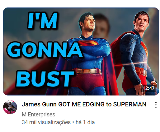 A screenshot of a youtube thumbnail and title that says "I'm edging to superman" when referring to the movie