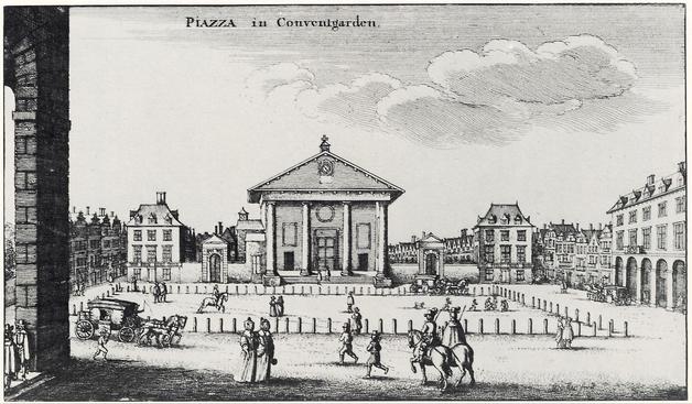 The image depicts a historical print of a piazza in Convent Garden, as indicated by the text at the top. The central focus is a large, classical building with a triangular pediment and columns, St Paul's Church The building is flanked by smaller buildings with gabled roofs, typical of European architecture from the 17th  century.

In the foreground, there are several figures, including people walking and riding horses, and a horse-drawn carriage, indicating a lively public space. The piazza is surrounded by a low barrier, and the ground appears to be paved. The sky is partly cloudy, adding to the historical ambiance.

The engraving is monochromatic, with fine lines and shading to create depth and texture. The overall composition is balanced, with the central building drawing the eye, while the surrounding figures and buildings provide context and scale. The image captures a moment in time, reflecting the social and architectural aspects of the period.

Provided by @altbot,  edited by @jemmesedi