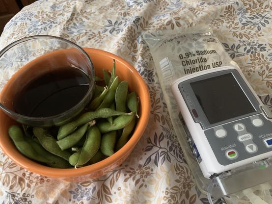 A picture of an orange bowl of edamame with a glass bowl of soy sauce resting inside of it, next to a .9% sodium chloride IV bag hooked up to a home infusion pump, on top of a brown and blue and orange and cream floral patterned bedsheet.