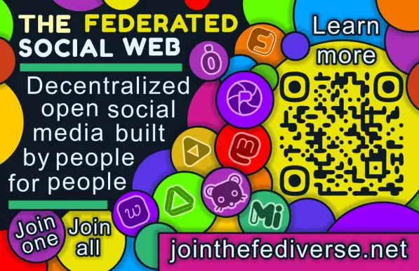 The back of the card has a similar background to the front. Circles of different sizes and with different bright colours. The heading text reads "The Federated Social Web". Underneath, white text on a darker background reads "Decentralized open social media built by people for people". There are then two coloured circles that say "Join one", "Join all". The circles then flow to the left top and contain icons of Fediverse platforms. The text at the top left reads "Learn More". Underneath the text is a QR code, and underneath that is the url "jointhefediverse.net".