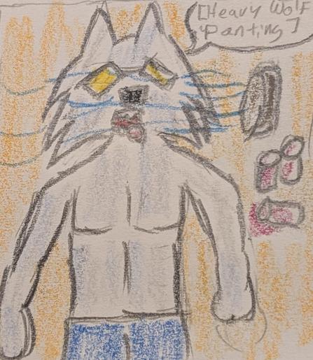 Color pencil drawing of Shirou, an anthro Arctic wolf man, laying on his back, panting. He is under a fan that is blowing across his face. There are empty drinks beside him.
