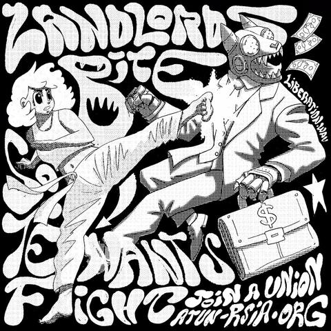 Retro-anime style digital illustration of a woman delivering a high kick to a vampiric, wolf-like landlord robot. Psychedelic neon text says: “Landlords bite, so tenants fight. Join a union: atun-rsia.org.” Dynamic composition, vivid colors, and a rebellious mood.