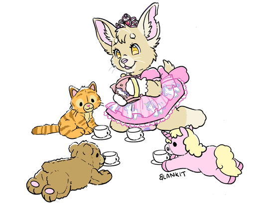 Art of a chihuahua/cat hybrid pretending to pour out tea for plushies in a unicorn dress and diaper