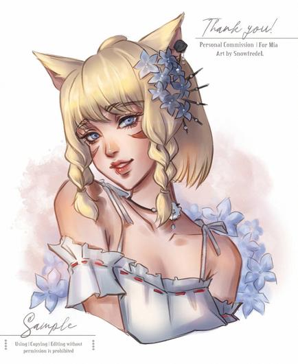 wol sketch color commission colored sketch of cute miqote Miqo'te bust up portrait, the original player wol from FFXIV final fantasy XIV ff14 game, female short blonde hair in white dress is looking at audience with soft beautiful smile 
commissioner Mia, art by snowfredel
#mysketch