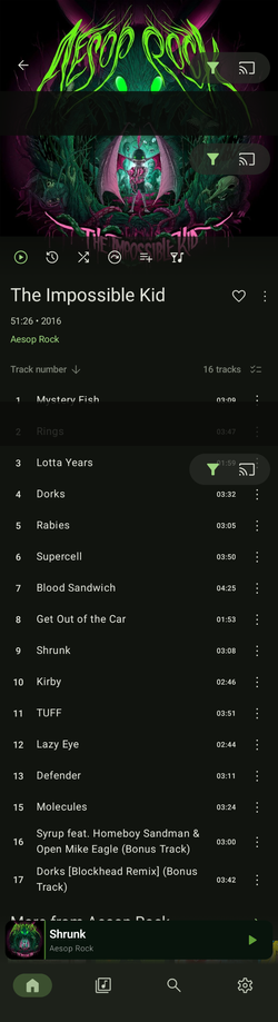 Screenshot from Symfonium, a Plex media player client for android.

Album pictured is "The Impossible Kid" by Aesop Rock. The rest of the image is difficult to explain in detail.