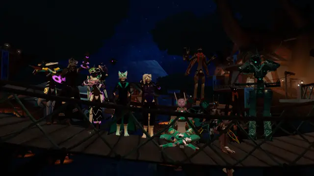 group photograph inside vrchat with various robots and cats avatar, different sizes and colors.