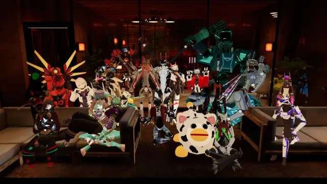 group photograph inside vrchat with various robots and cats avatar, different sizes and colors. This time even more people in the photo.