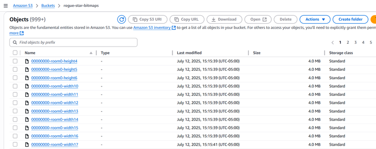 A screenshot of S3 showing 4MiB files named things like 00000000-room0-width16 which is <start of seed range>-<room 0 through 9>-<feature>.