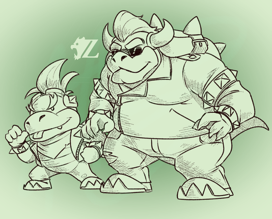 A shape and silhouette study of Bowser and Bowser Jr. in their "Mario Kart World" appearance, specifically in their biker outfits. Bowser is hunched over more than I usually draw him, which gives him a heavier appearance befitting of his character. Meanwhile, Junior strikes a defiant pose, pointing to himself as he sticks his tongue out.