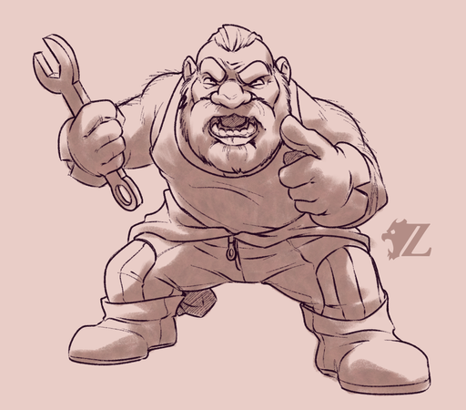 A sketch of an angry dwarf mechanic. He grips a large wrench in one hand, the other hand pointing towards the viewer. He has his hair slicked back, beard trimmed neatly as he wears an A-shirt beneath a pair of coveralls which has the top unzipped and the sleeves hanging behind him.