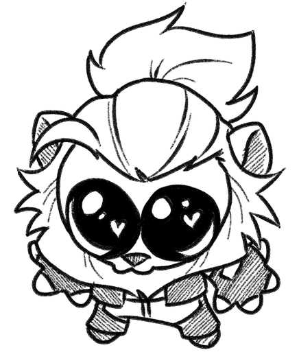 A drawover of the "goober" meme featuring my lion fursona Zeiros. The diminutive figure looks up at the viewer with large, watery pleading eyes and puckered lips.