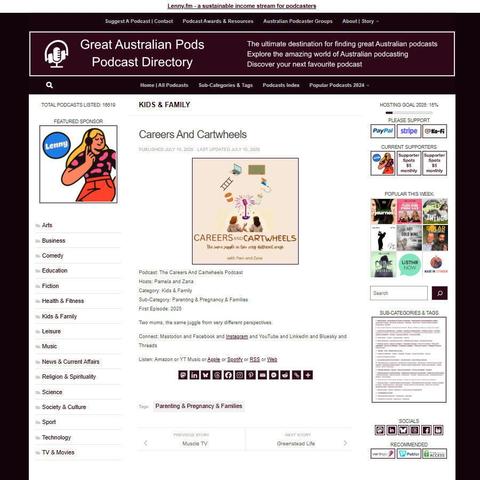 The Careers And Cartwheels Podcast
Screenshot of the podcast listing on the Great Australian Pods website