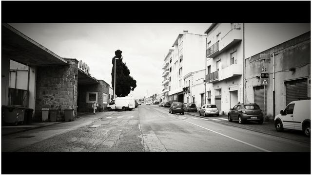 Fotografia in bianco e nero di un viale periferico urbano