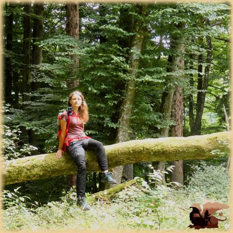Foto von mir (Frau Ende 20,lange,dunkelblonde Haare, in schwarzgrauer Wanderhose, rötlichem Wandershirt und rotem Wanderrucksack mit Akaso Actioncam am rechten schultergurt) auf einem liegenden Baumstamm sitzend. Der Baumstamm hängt gut einen Meter über dem Boden mit niedrigen Baumschösslingen und Gras und ist moosbewachsen, ich lasse ein Bein hängen und habe eins halb angewinkelt. Ich schaue in die Kamera und stütze mich mit einer Hand an dem leicht abschüssig liegenden Stamm ab.