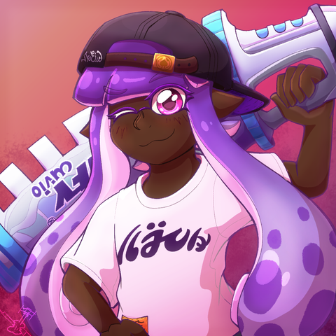 ID: a halfbody portrait of an inkling from the game splatoon. she has dark skin, pink eyes, and purple hair tentacles that transition to a lavender white at the tips. She sports a black baseball cap backwards, and a white graphic tee. she holds a mint decavitator weapon like a sword accross her back, and smiles at the camera. end ID.