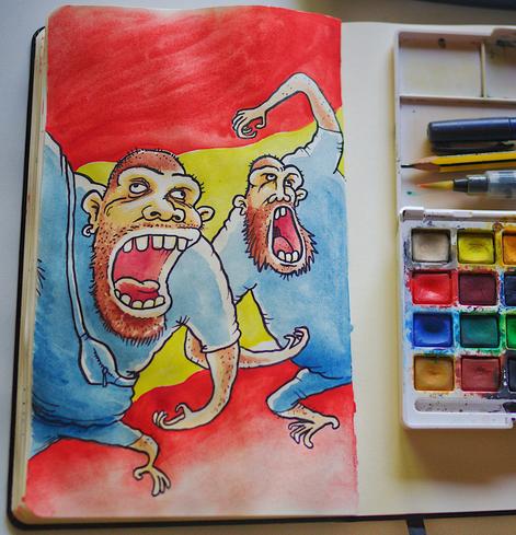 Acuarela estilo cartoon de un par de analfabrutos irracionales (personas con apariencia y cerebro de simio) personaje de extrema derecha que últimamente está en todas partes.